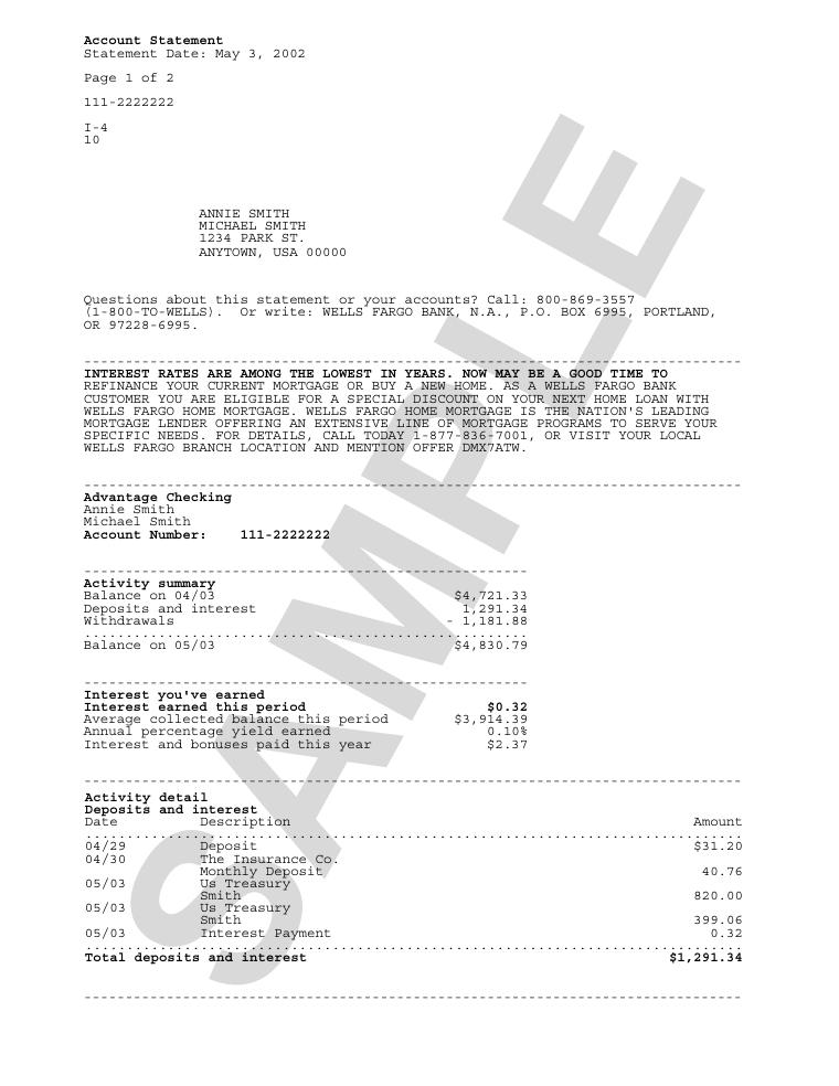 Wells Fargo Sample Account Statement document preview