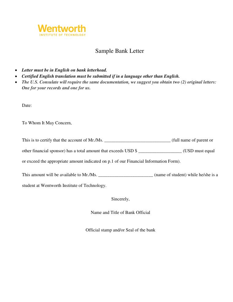 Wentworth Institute Sample Bank Letter document preview