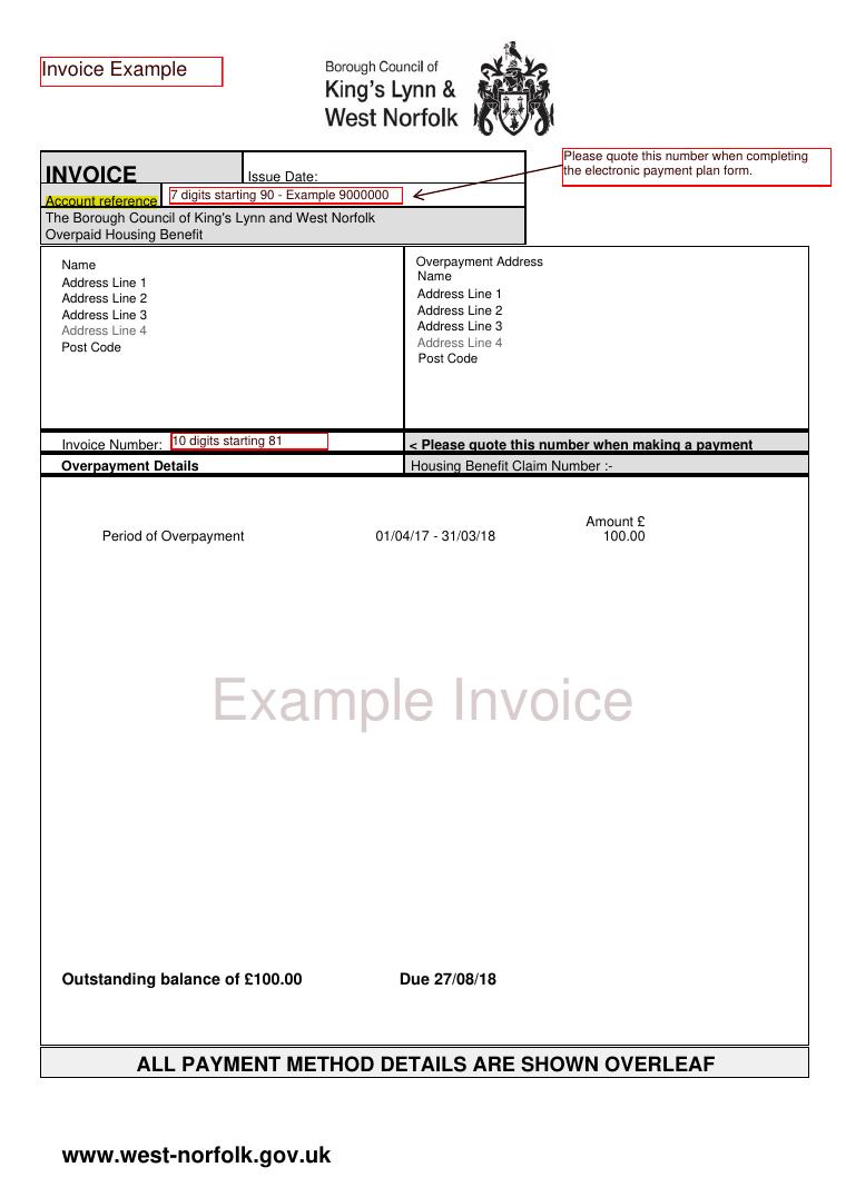 West Norfolk Example Housing Benefit Invoice document preview