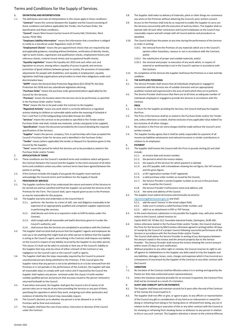 West Sussex County Council Purchase Order Terms and Conditions for Supply of Services document preview
