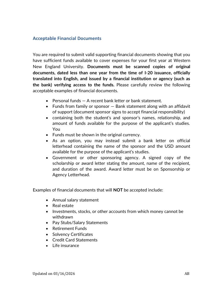 Western New England University Acceptable Financial Documents and Sample Bank Letter document preview