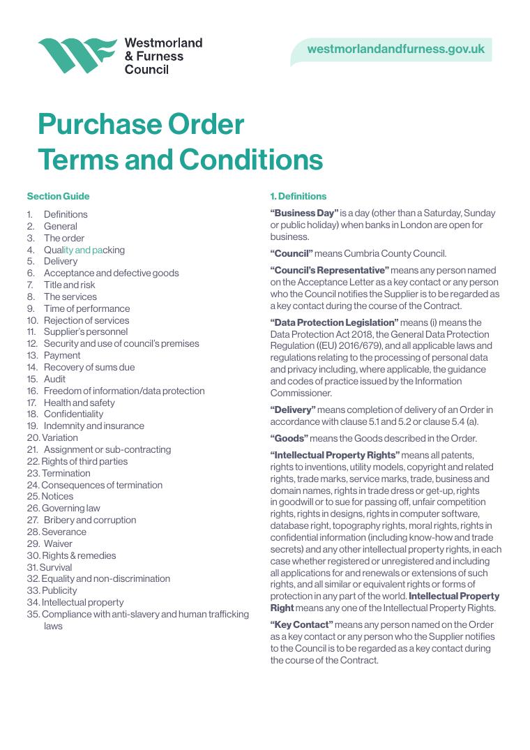 Westmorland and Furness Council Purchase Order Terms and Conditions document preview