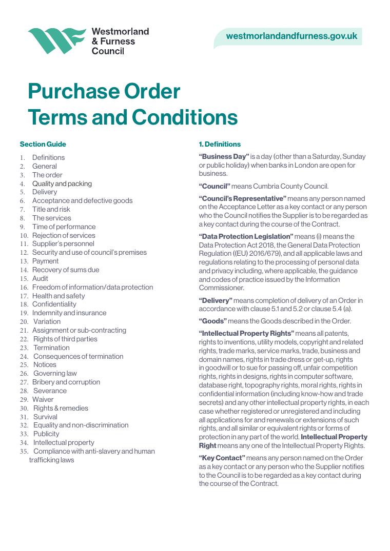 Westmorland and Furness Purchase Order Terms and Conditions 2026 document preview