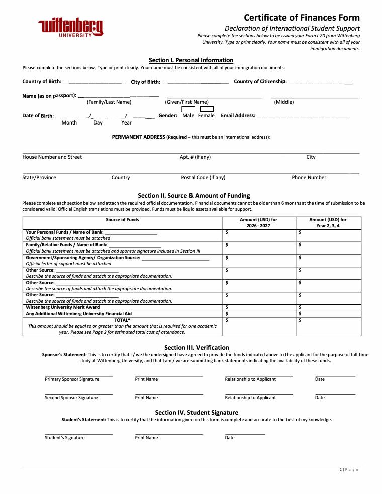 Wittenberg University Certificate of Finances 2026-2027 document preview