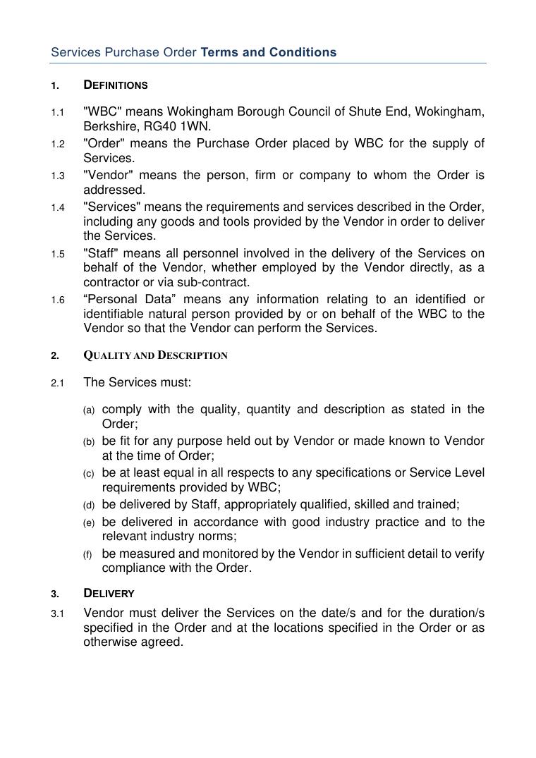 Wokingham Borough Council Services Purchase Order Terms and Conditions document preview