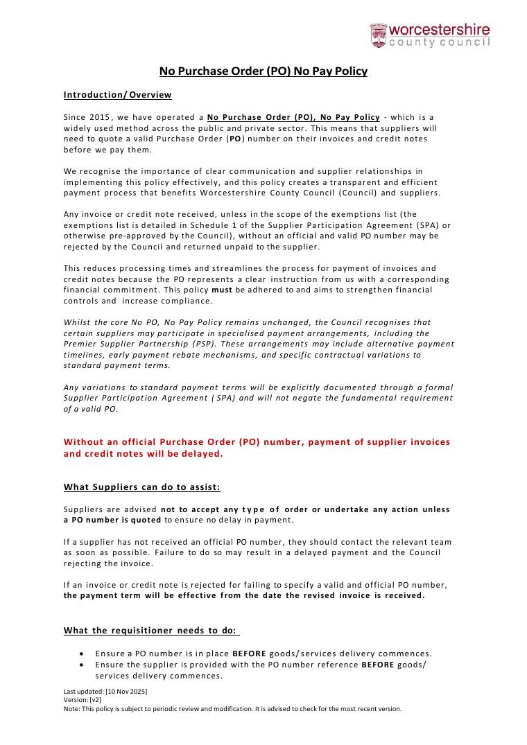 Worcestershire County Council No PO No Pay Policy 2025 document preview