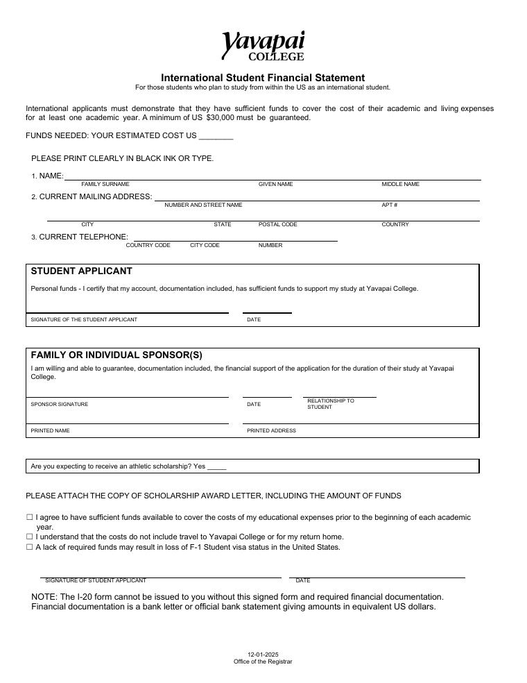 Yavapai College International Student Financial Statement 2025 document preview
