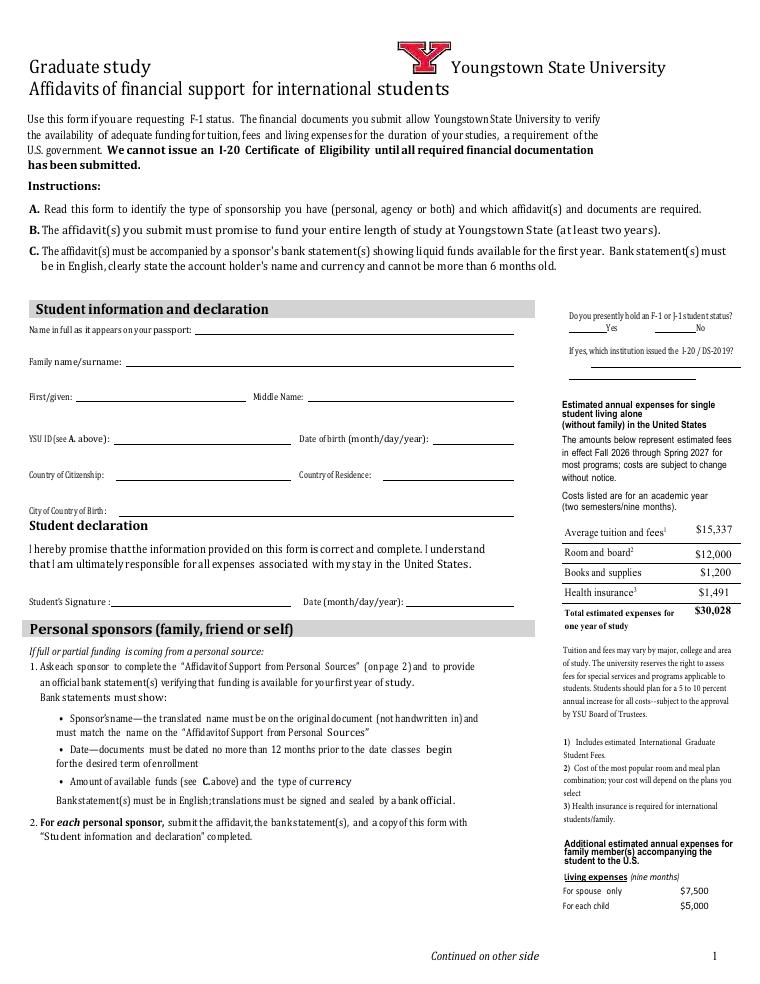 Youngstown State University Graduate Affidavit of Support 2026-2027 document preview